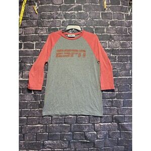 ESPN Tee Shirt Mens Medium Gray Red Logo 3/4 Sleeve 90s ESPN Tag Crew VTG